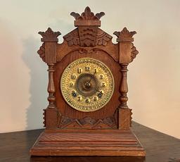 Small Ansonia Clock Co. Wooden Eight-Day Mantle Clock with Decorative Brass Face