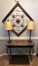 Iron & Marble Hall Table, Lamps & Wall Plaque