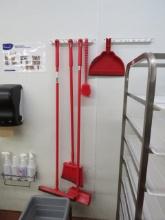 RED BROOMS WITH RACK - ONE LOT