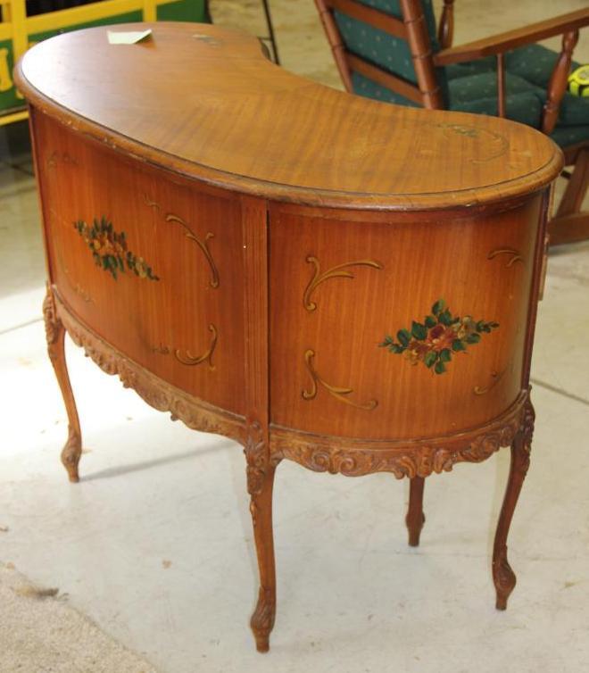 Elegant Antique French Wood Desk with Floral Painted Accents