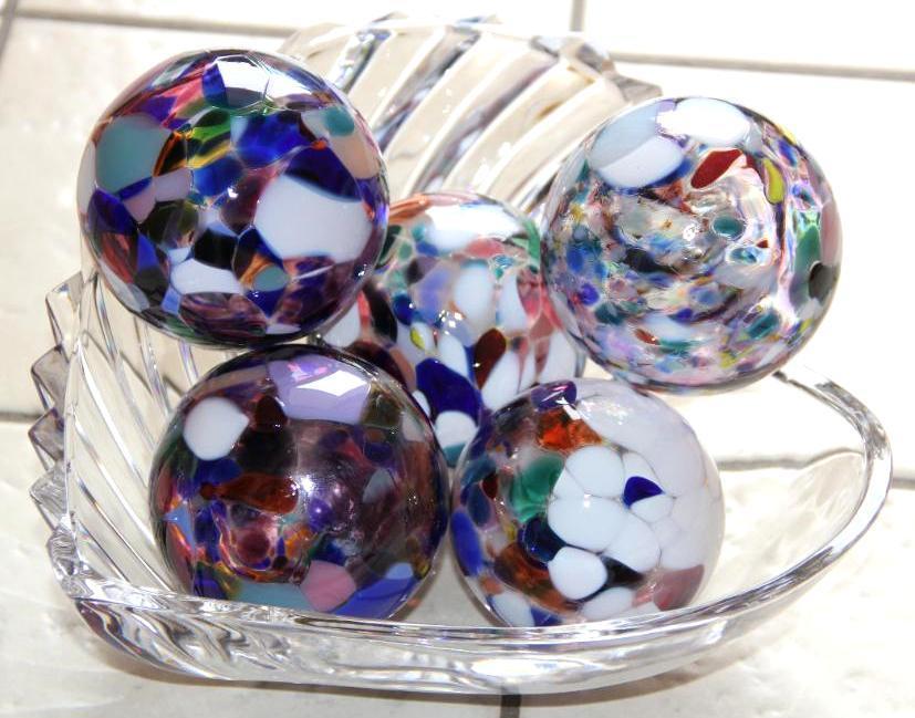 Five Blown Glass Orbs in Heart-Shaped Crystal Bowl