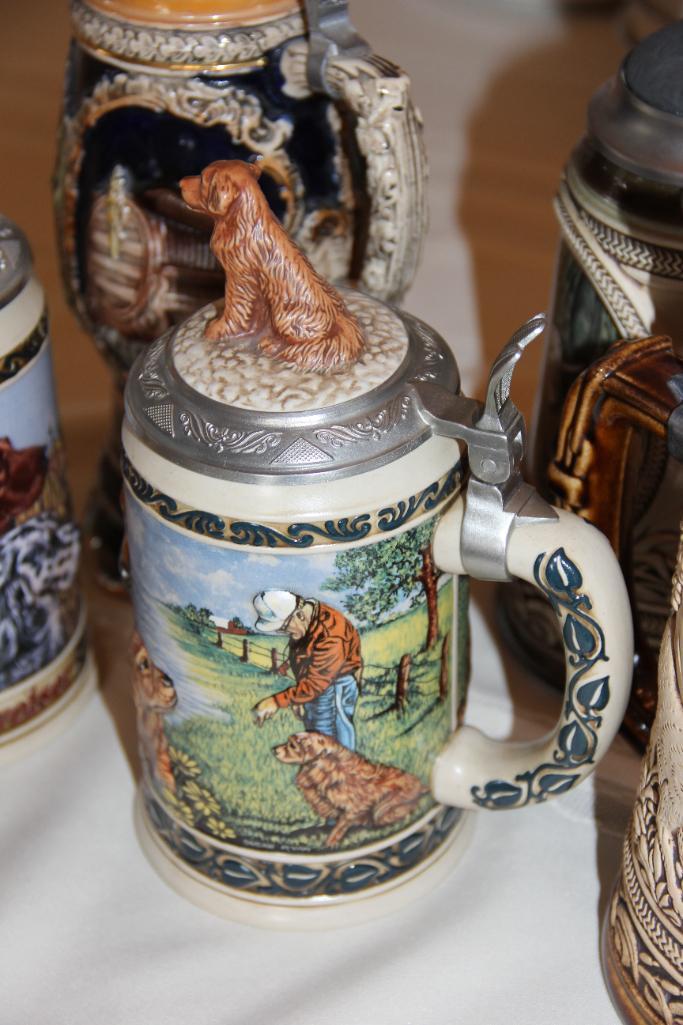 Seven Collectible Steins by Budweiser, First Hunt, and One Music Box Stein
