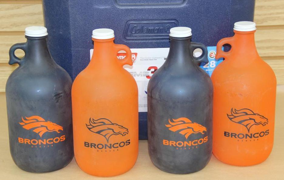 Coleman Xtreme 3 Cooler 28 Quart and 4 Broncos Growlers