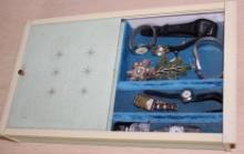 Mid-Century Sliding Top Jewelry Box with Some Costume Jewelry and Watches