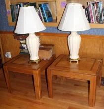 Pair of Wood End Tables and Lamps