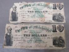 Two Civil War Confederate Mississippi Ten Dollar Notes