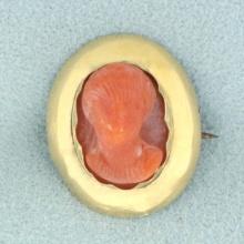 Antique Red Coral Cameo Pin Brooch In 14k Rose Gold