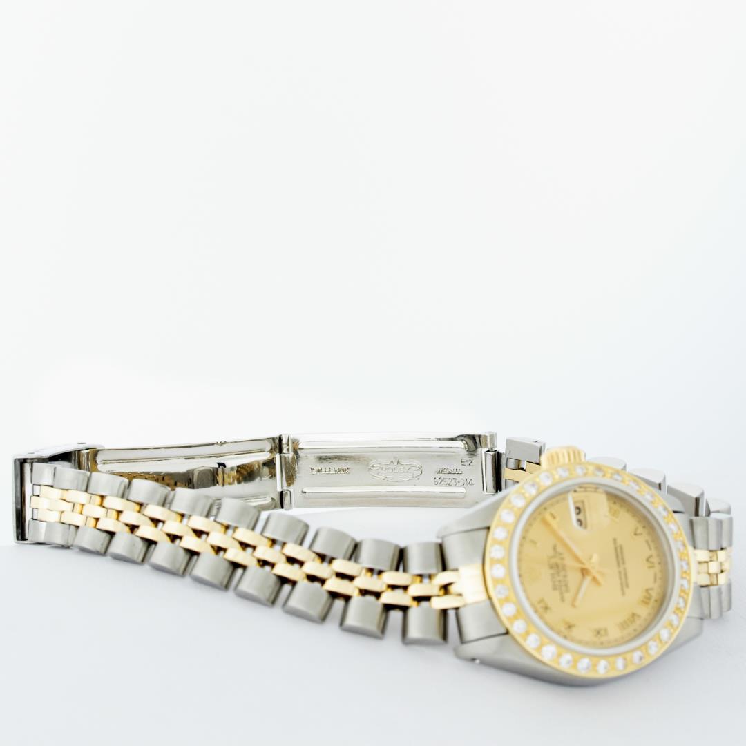 Rolex Ladies Two Tone Champagne Roman Diamond Date Wristwatch