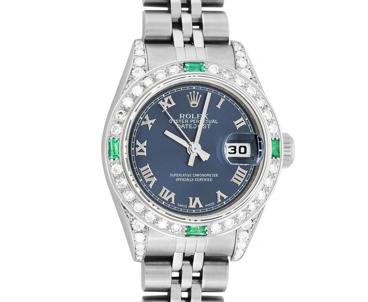 Rolex Ladies Stainless Steel Emerald and Diamond Datejust Wristwatch