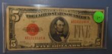 1928 $5.00 RED SEAL US NOTE FINE