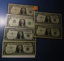 LOT OF SIX 1957 SILVER CERTIFICATES VF/UNC & 1963 $1.00 FEDERAL NOTE UNC (7