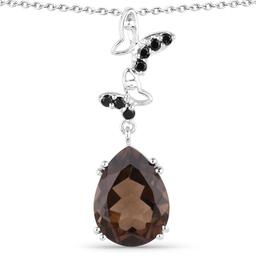 Plated Rhodium 6.80ct Smokey Quartz and Black Spinel Pendant with Chain