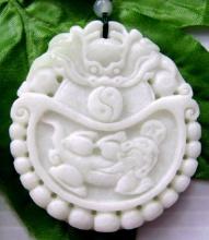 Jade Asian Decor 258cts Real Jade White and Green Tai-Ji And Pi-Xiu Dragon Coin Amulet