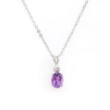 Plated Rhodium 1.03ctw Amethyst and Diamond Pendant with Chain