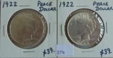 2 1922 Peace Dollars AU, AU.