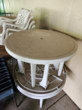 (3) White Plastic Patio Tables with Holes for Umbrellas (located off-site, please read description)