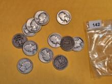 Twelve mixed silver Washington Quarters
