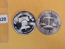 Two 1 Troy Ounce .999 fine silver art rounds