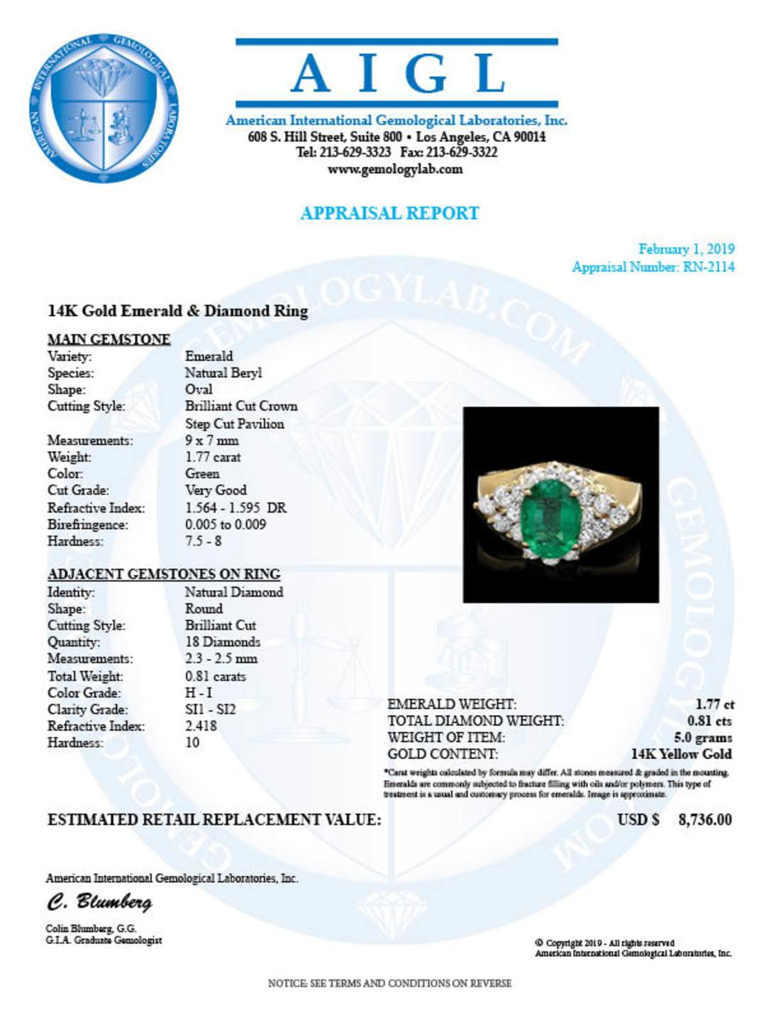 14K Yellow Gold 1.77ct Emerald and 0.81ct Diamond Ring