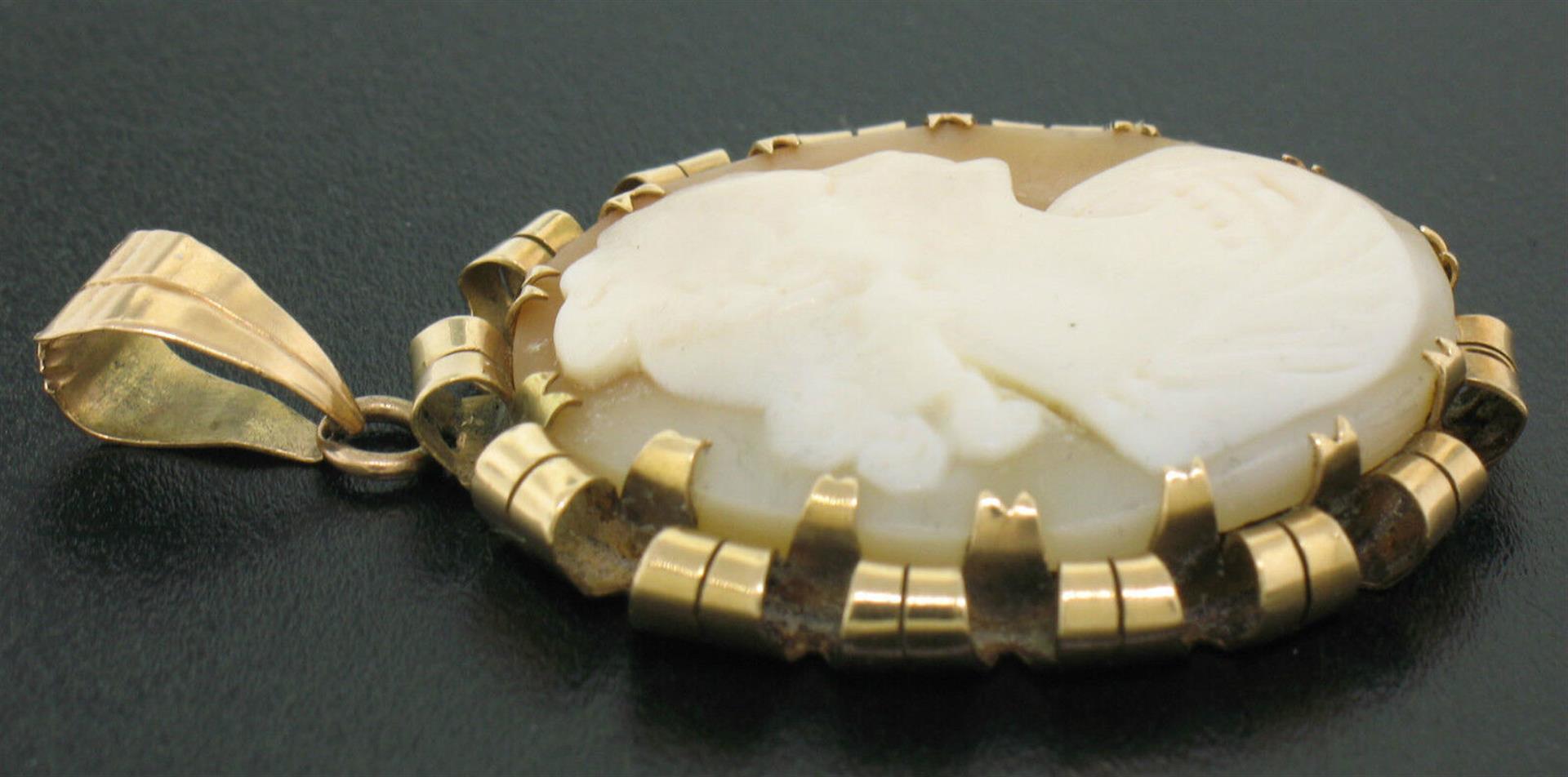 Antique Victorian 14k Gold Hand Carved Shell Oval Cameo Pendant w/ Curled Frame
