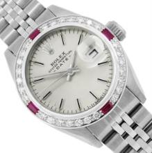 Rolex Ladies Stainless Steel Silver Index Diamond And Ruby Date Watch With Rolex