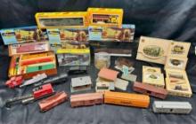 Large Lot of Toy Train Cars, Buildings and Accessories. Tyco, Cox, Athern more