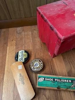 Vintage Shoe Shine Box, Brushes and Tins