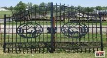 14' Dual Swing Decorative Iron Entry Driveway Gates With Deer Scene