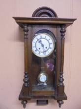 Antique Wood Case Wind-Up Wall Clock w/ Deutshces Reichs Movement & Key
