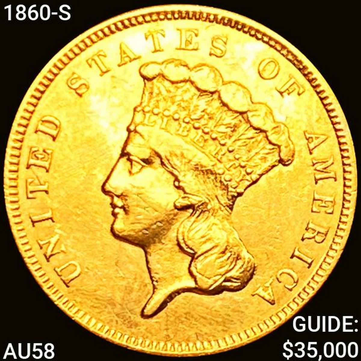 1860-S $3 Gold Piece CHOICE AU