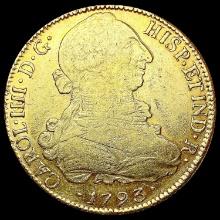 1793-So Chile .7615oz Gold 8 Escudos NEARLY UNCIRC