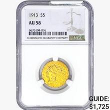 1913 $5 Gold Half Eagle NGC AU58