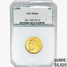 1909 $5 Gold Half Eagle PCI MS64