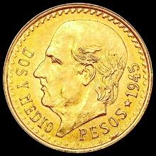 1945 2 1/2 Pesos Mexico Gold .0603oz GEM BU