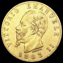 1863 Italy .1867oz Gold 20 Lire NEARLY UNCIRCULATE