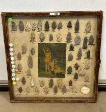 Large 21"x21" Frame of Various Arrowheads from Across The County, Wired to Board, Shell Pieces is Mo