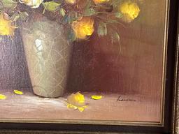 Oil on Canvas Still Life Painting Yellow Flowers in Vase