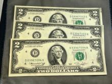 3- Sequential Serial Number 1976 $2.00 Bills