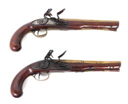 Cased Pair of English Brass Barrel Pistols, by J. Bailey circa. 1770