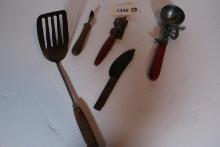 Antique kitchen tools, ice cream scoop red handle