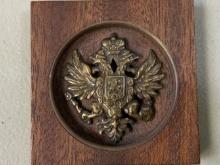 IMPERIAL RUSSIA BRASS HAT EAGLE MOUNTED IN WOODEN FRAME