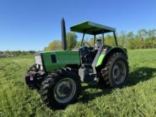 DEUTZ D 7085 TRACTOR, 4X4, TURBO, CANOPY, 3PT (NO TOP LINK), 540 & 1000 PTO, 2-REMOTES, 18.4-34 REAR TIRES, 13.6-24 FRONT TIRES, (10) FRONT WEIGHTS, 3960 HOURS SHOWING, S/N: 74356195