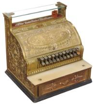 National Cash Register, Model 332 ornate cast yellow brass in the Dolphin p