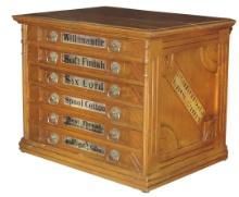 Spool Cabinet, Willimantic Six Cord, oak 6-drawer w/pressed designs & embos