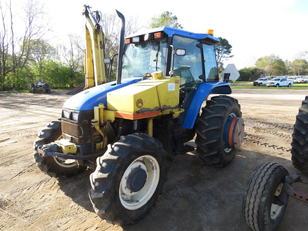 New Holland TS110 MFWD Tractor, s/n 618135: Encl. Cab, w/ Tiger Boom Mower,