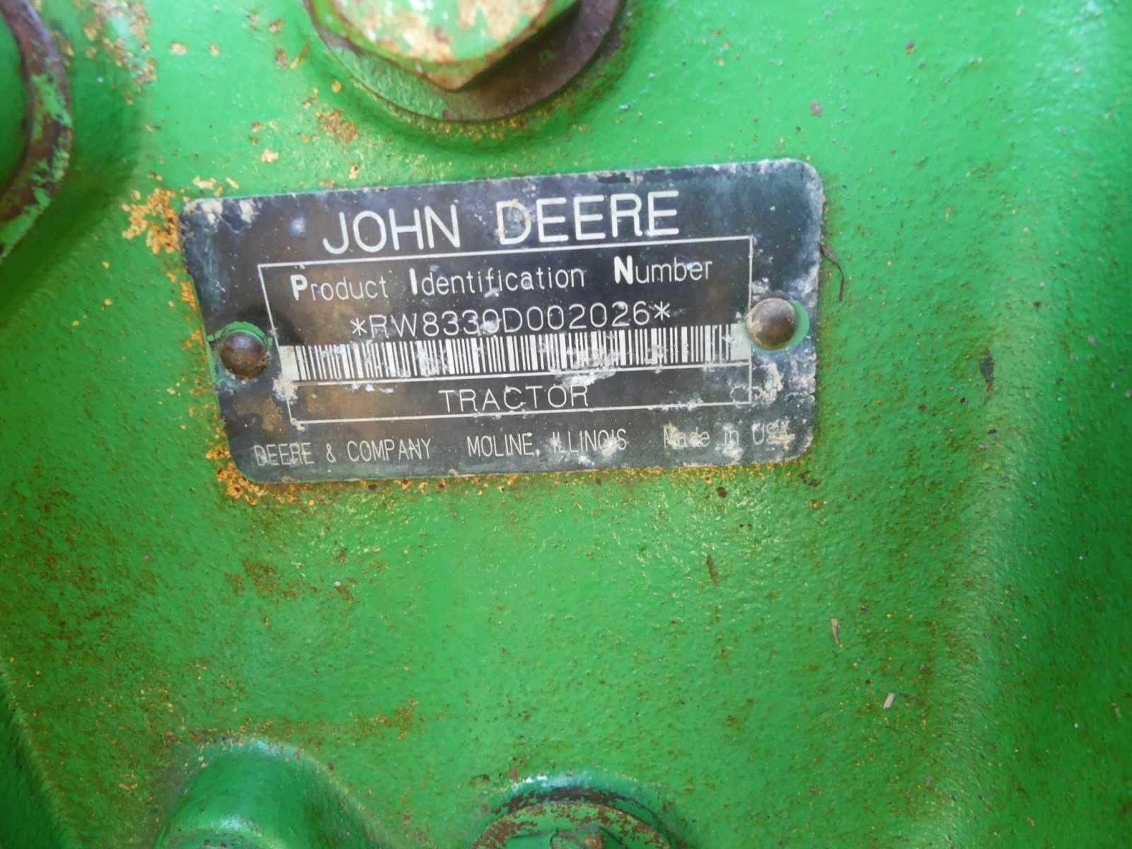 John Deere 8330 MFWD Tractor, s/n RW8330D002026: C/A, 3PH Quick Hitch, 5 Hy