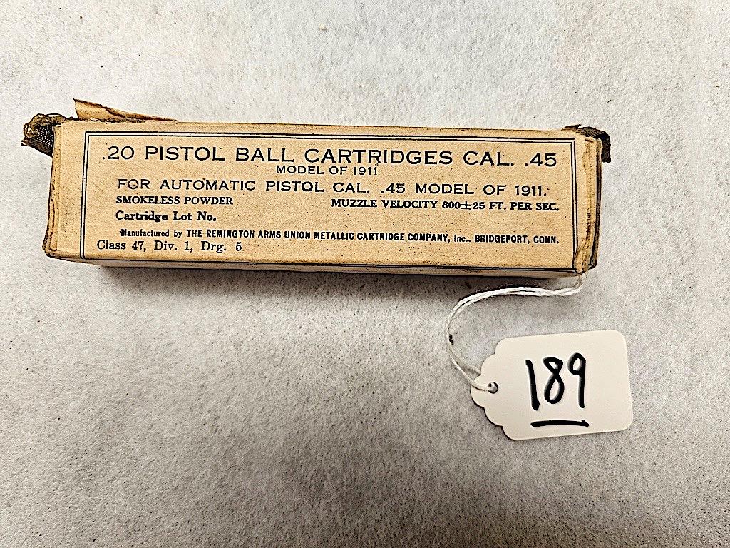 (20) PISTOL BALL CARTRIDGES 45 CAL MODEL 1911 REMMINGTON ARMS CO