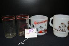 Pair of Little Lola Celestine Juice Glasses and Pair of Fire-King Coffee Cups Featuring Farm Animals