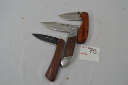 Group of Wooden Handled Single Blade Pocket Knives; Timberwolf VKM Engraved, NRA Don't Tread On Me a