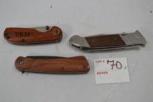 Group of Wooden Handled Single Blade Pocket Knives; Timberwolf VKM Engraved, NRA Don't Tread On Me a